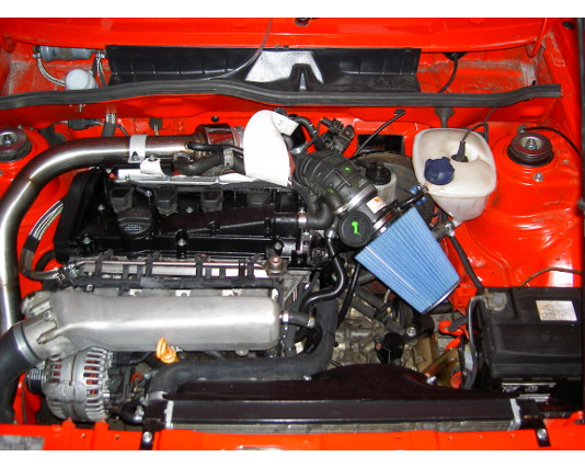 Red Mk1 engine bay with a 16v engine and cone filter